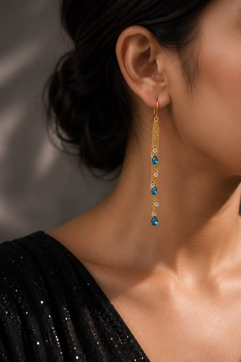 Cascade Teardrop Earrings, Ocean Sapphire, view 3
